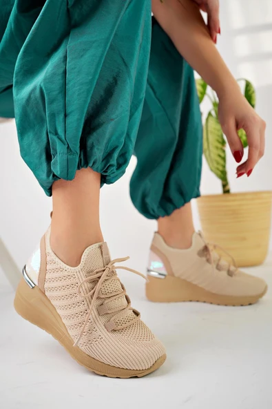 Muggo TYRA Garantili Kadın Ortopedik Yüksek Taban Günlük Bağcıklı Triko Sneaker Spor Ayakkabı  Nude 40 - 6