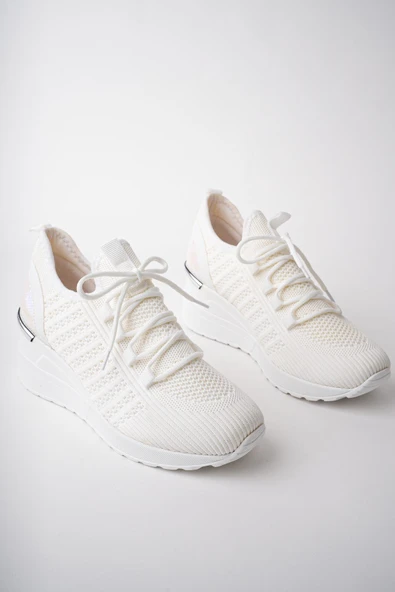 Muggo TYRA Garantili Kadın Ortopedik Yüksek Taban Günlük Bağcıklı Triko Sneaker Spor Ayakkabı  BEYAZ 40 - 5