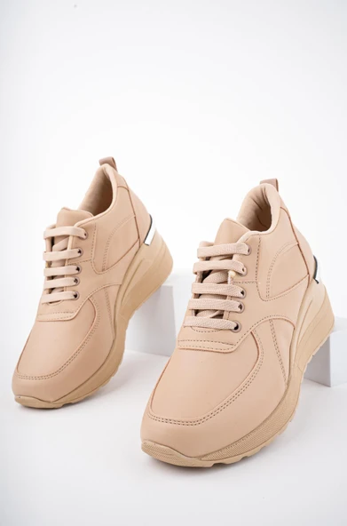 Muggo NEPAL Garantili Kadın Ortopedik Yüksek Taban Günlük Bağcıklı Sneaker Spor Ayakkabı  Nude 36