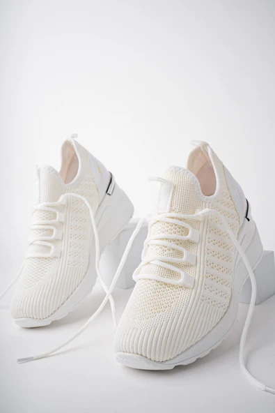 Muggo TYRA Garantili Kadın Ortopedik Yüksek Taban Günlük Bağcıklı Triko Sneaker Spor Ayakkabı  BEYAZ 40