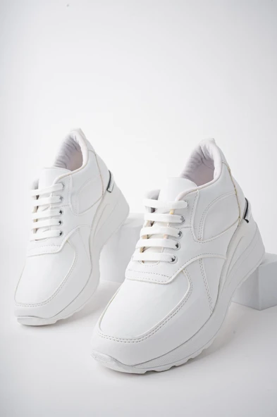 Muggo NEPAL Garantili Kadın Ortopedik Yüksek Taban Günlük Bağcıklı Sneaker Spor Ayakkabı  BEYAZ 38 - 7