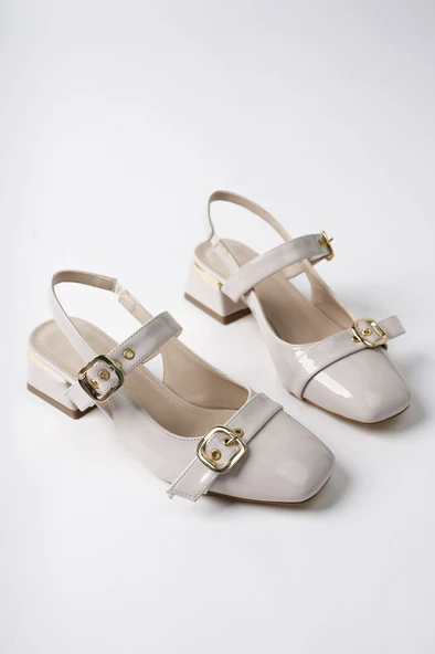 Muggo YUQİ Arkası Açık Küt Burun Çift Kemerli Kadın Günlük Klasik Kısa Topuklu Ayakkabı  Ten Rugan 38 - Resim 6