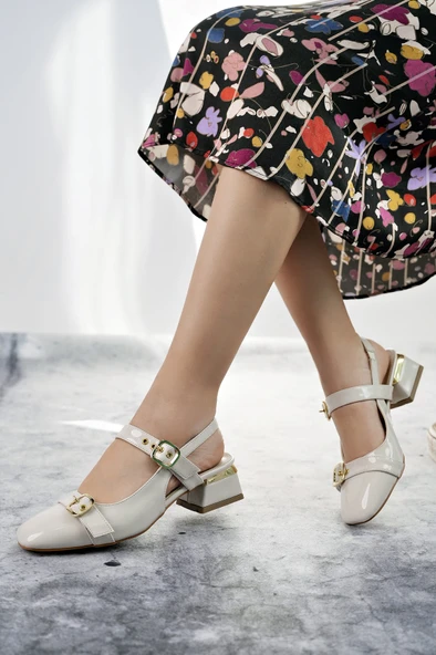 Muggo YUQİ Arkası Açık Küt Burun Çift Kemerli Kadın Günlük Klasik Kısa Topuklu Ayakkabı  Ten Rugan 38 - Resim 3