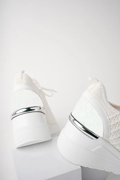 Muggo TYRA Garantili Kadın Ortopedik Yüksek Taban Günlük Bağcıklı Triko Sneaker Spor Ayakkabı  BEYAZ 40 - 7