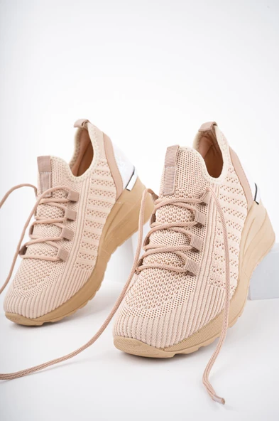 Muggo TYRA Garantili Kadın Ortopedik Yüksek Taban Günlük Bağcıklı Triko Sneaker Spor Ayakkabı  Nude 40