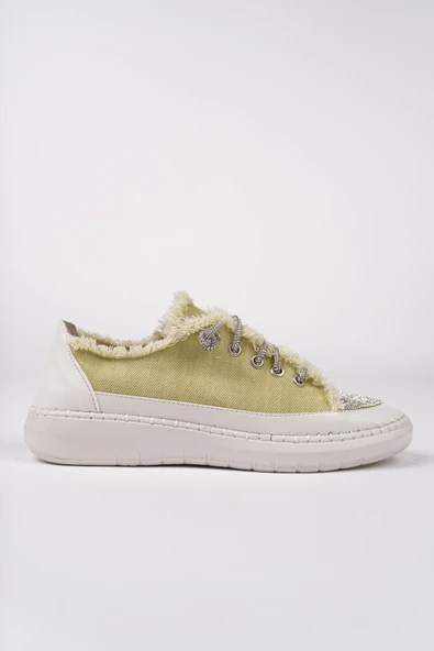 Muggo DAMSEL Bağcıklı Taşlı Kadın Günlük Denim Sneaker Spor Ayakkabı  YEŞİL 36 - 3