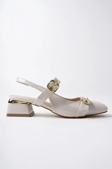 Muggo YUQİ Arkası Açık Küt Burun Çift Kemerli Kadın Günlük Klasik Kısa Topuklu Ayakkabı  Ten Rugan 38 - Resim 7