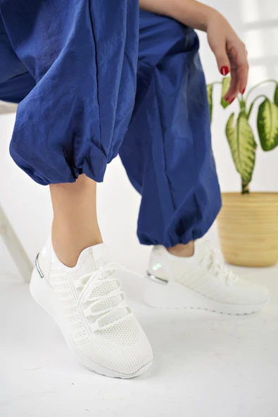 Muggo TYRA Garantili Kadın Ortopedik Yüksek Taban Günlük Bağcıklı Triko Sneaker Spor Ayakkabı  BEYAZ 40 - 2