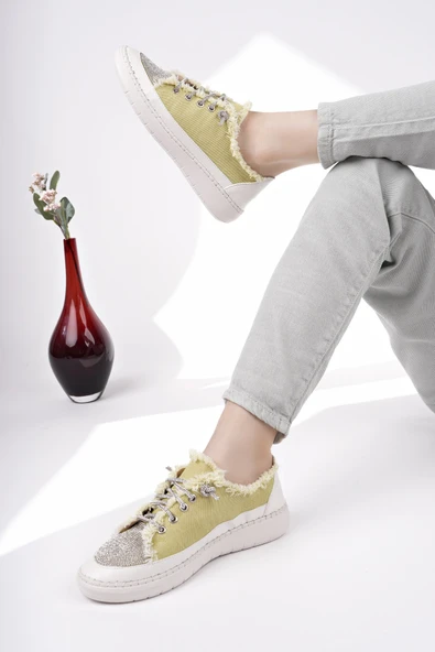 Muggo DAMSEL Bağcıklı Taşlı Kadın Günlük Denim Sneaker Spor Ayakkabı  YEŞİL 36 - 5