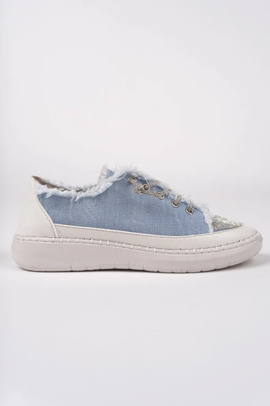 Muggo DAMSEL Bağcıklı Taşlı Kadın Günlük Denim Sneaker Spor Ayakkabı  MAVİ 36 - 3