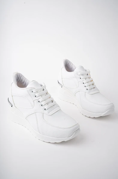 Muggo NEPAL Garantili Kadın Ortopedik Yüksek Taban Günlük Bağcıklı Sneaker Spor Ayakkabı  BEYAZ 40 - 6
