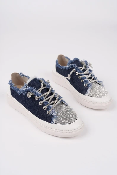 Muggo DAMSEL Bağcıklı Taşlı Kadın Günlük Denim Sneaker Spor Ayakkabı  LACİVERT 38