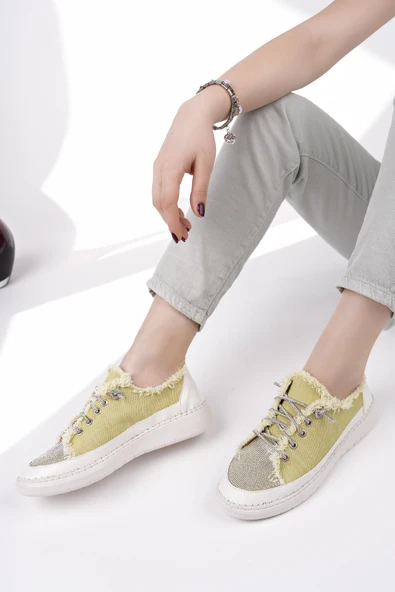 Muggo DAMSEL Bağcıklı Taşlı Kadın Günlük Denim Sneaker Spor Ayakkabı  YEŞİL 36 - 7