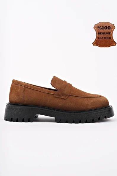 Muggo PARADİSE Hakiki Deri Kalın Taban Günlük Casual Makosen Kadın Loafer Ayakkabı  TABA SÜET 37