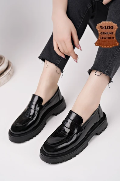 Muggo PARADİSE Hakiki Deri Kalın Taban Günlük Casual Makosen Kadın Loafer Ayakkabı  SİYAH RUGAN 40