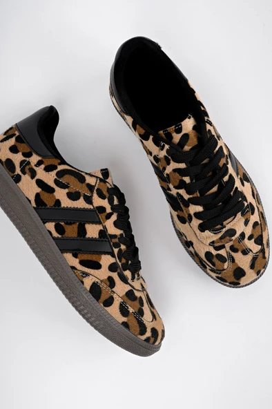 Muggo LEOPARD Garantili Kadın Ortopedik Günlük Bağcıklı Yürüyüş Leopar Desenli Sneaker Spor Ayakkabı  Leopar 37