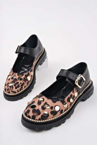 Muggo EGERİA Leopar Desenli Tek Bantlı Kalın Taban Kadın Günlük Loafer Ayakkabı  SİYAH 36