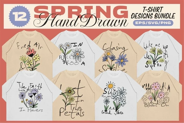 Spring Hand Drawn T-shirt Designs Bundle T-shirt Tasarım Paketi