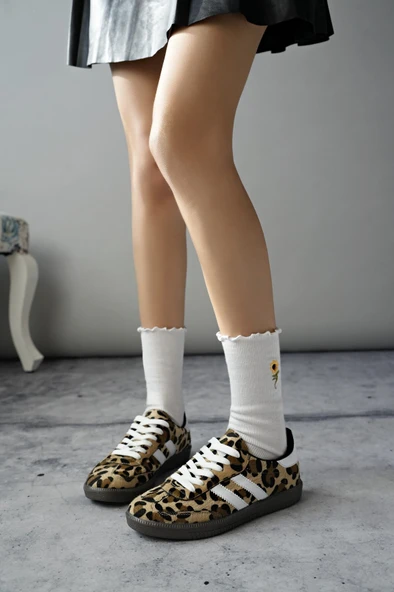 Muggo LEOPARD Garantili Kadın Ortopedik Günlük Bağcıklı Yürüyüş Leopar Desenli Sneaker Spor Ayakkabı  BEYAZ 36