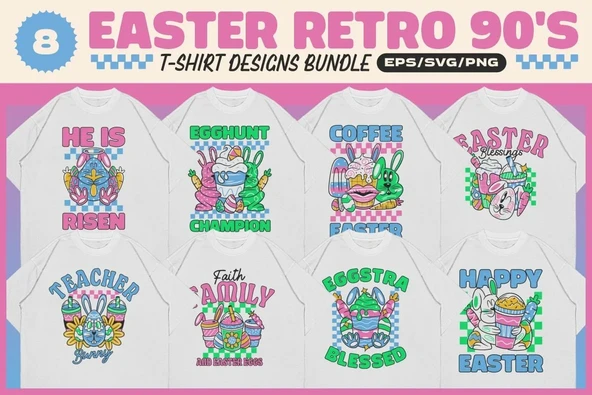 Easter Retro 90 s T-shirt Designs Bundle T-shirt Tasarım Paketi