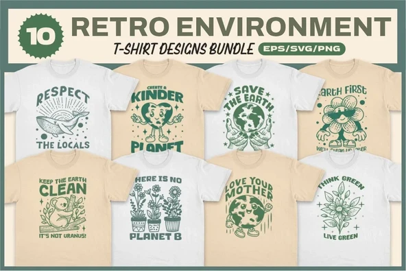 Retro Environment T-shirt Designs Bundle T-shirt Tasarım Paketi