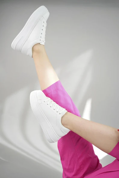 Muggo MİTOS Garantili Kadın Günlük Yüksek Taban Bağcıklı Sneaker Spor Ayakkabı  BEYAZ 40