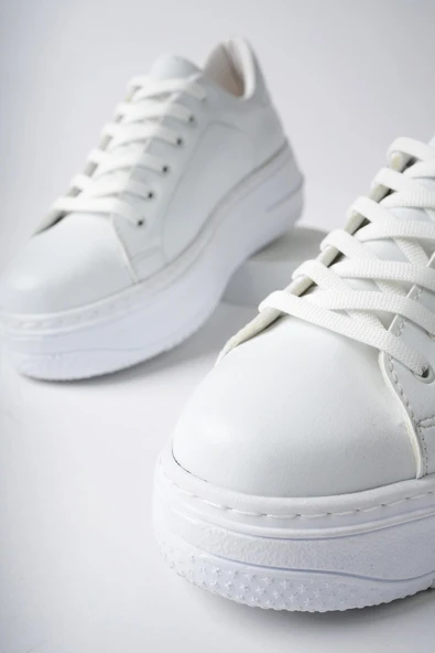 Muggo MİTOS Garantili Kadın Günlük Yüksek Taban Bağcıklı Sneaker Spor Ayakkabı  BEYAZ 38 - 6