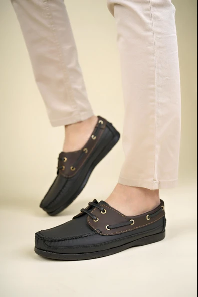 Muggo MİLLER Garantili Hakiki Deri Erkek Günlük Klasik Casual Ayakkabı  Siyah-Kahve 42 - Resim 5