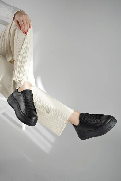 Muggo MİTOS Garantili Kadın Günlük Yüksek Taban Bağcıklı Sneaker Spor Ayakkabı  SİYAH 39 - 2
