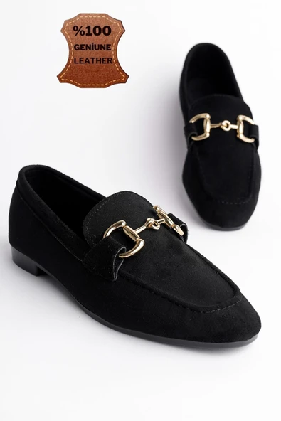 Muggo MONA Garantili Metal Tokalı Deri Kadın Loafer Günlük Ayakkabı  SİYAH 40
