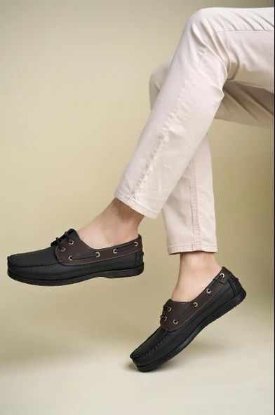 Muggo MİLLER Garantili Hakiki Deri Erkek Günlük Klasik Casual Ayakkabı  Siyah-Kahve 42 - Resim 2