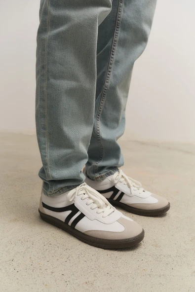 Muggo GARCİA Garantili Unisex Ortopedik Günlük Bağcıklı Yürüyüş Koşu Sneaker Spor Ayakkabı  BEYAZ - SİYAH 42 - 3