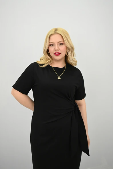 Kadın Büyük Beden Kısa Kollu Bel Bağlama Detaylı Elbise 5303-25 - 6