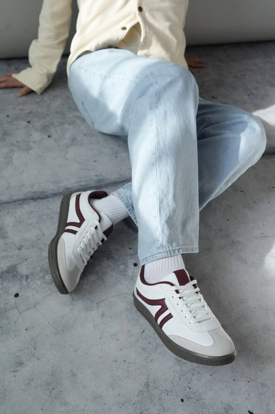 Muggo GARCİA Garantili Unisex Ortopedik Günlük Bağcıklı Yürüyüş Koşu Sneaker Spor Ayakkabı  Beyaz Bordo 42 - 5