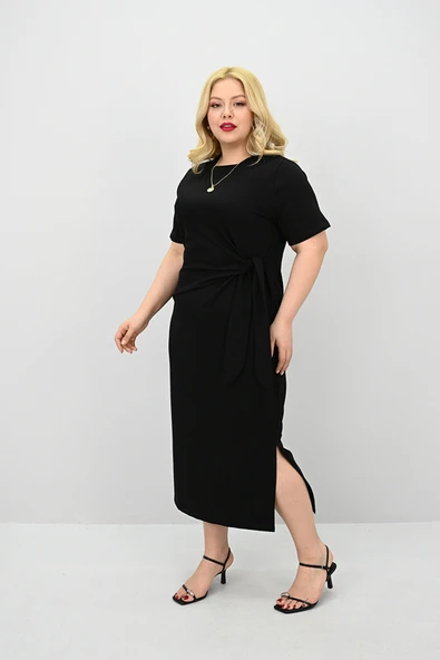 Kadın Büyük Beden Kısa Kollu Bel Bağlama Detaylı Elbise 5303-25 - 5