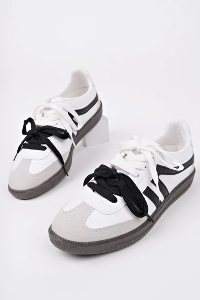 Muggo RETRO Çift Bağcıklı Günlük Kadın Sneaker Spor Ayakkabı  BEYAZ - SİYAH 37