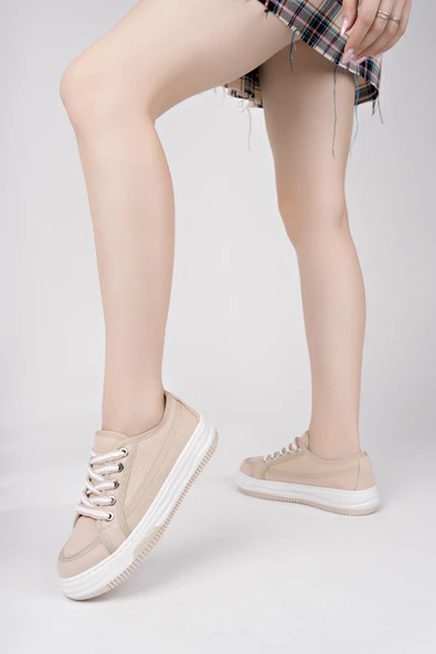 Muggo CARİNA Kalın Taban Keten Kumaş Bağcıklı Kadın Günlük Sneaker Spor Ayakkabı  BEJ 37 - 6