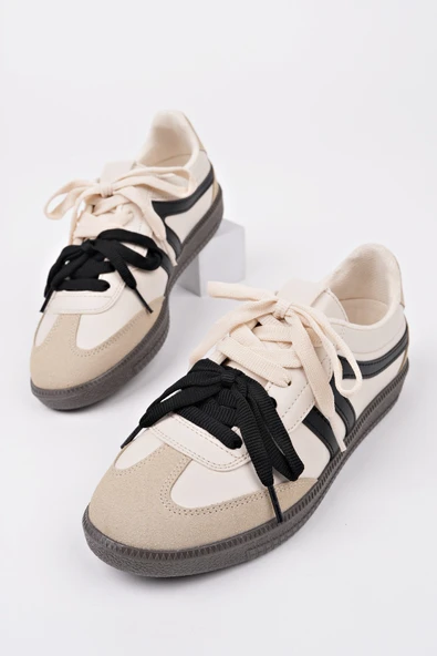 Muggo RETRO Çift Bağcıklı Günlük Kadın Sneaker Spor Ayakkabı  BEJ 37