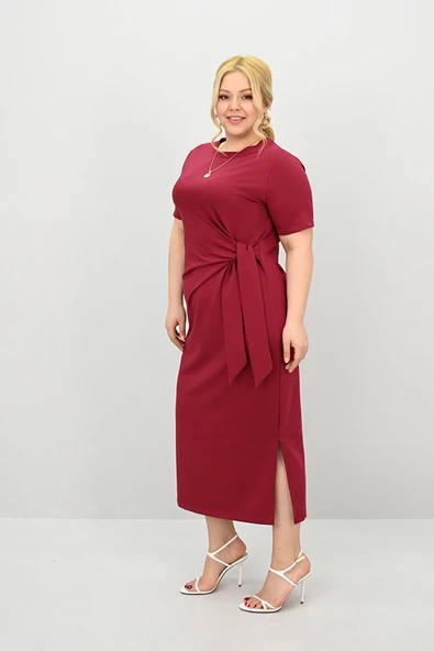 Kadın Büyük Beden Kısa Kollu Bel Bağlama Detaylı Elbise 5303-25 - 12