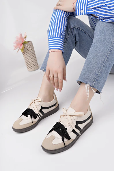 Muggo RETRO Çift Bağcıklı Günlük Kadın Sneaker Spor Ayakkabı  BEJ 38 - 6