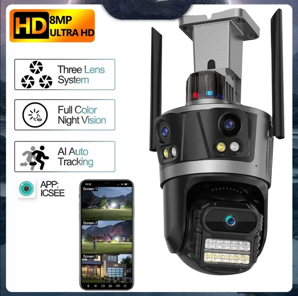 3 Lens Geniş Açı İzleme HD Güvenlik Kamerası  PTZ Aİ Otomatik İzleme CCTV Video Gözetim ICSEE - 2
