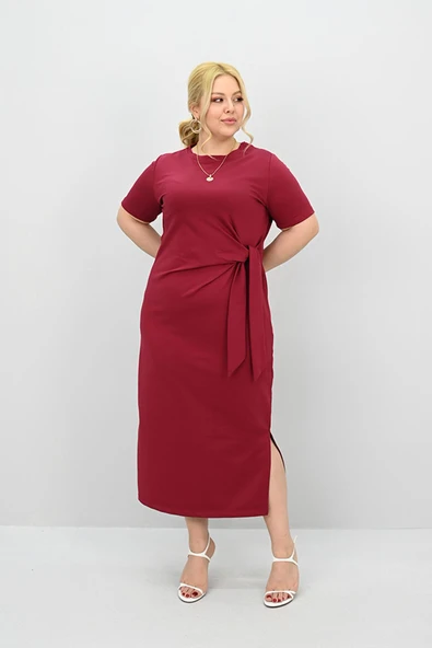 Kadın Büyük Beden Kısa Kollu Bel Bağlama Detaylı Elbise 5303-25 - 10