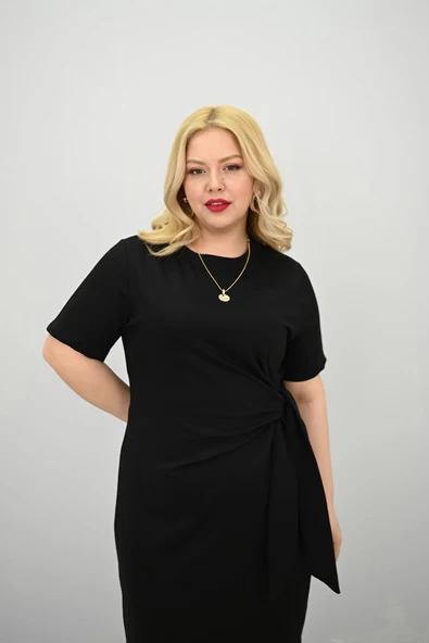 Kadın Büyük Beden Kısa Kollu Bel Bağlama Detaylı Elbise 5303-25 - 5