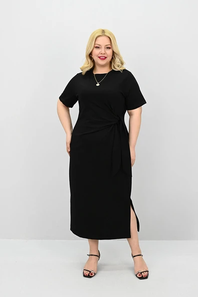 Kadın Büyük Beden Kısa Kollu Bel Bağlama Detaylı Elbise 5303-25 - 2