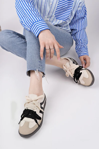 Muggo RETRO Çift Bağcıklı Günlük Kadın Sneaker Spor Ayakkabı  BEJ 38 - 5