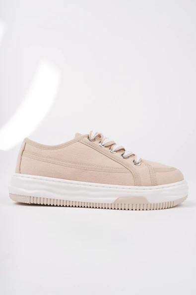 Muggo CARİNA Kalın Taban Keten Kumaş Bağcıklı Kadın Günlük Sneaker Spor Ayakkabı  BEJ 37 - 3