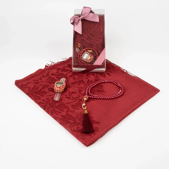 Tesbih + Dantelli Şal + Zikirmatik Hediye Seti (Kraft Asetat Kutulu, Bordo) - 2