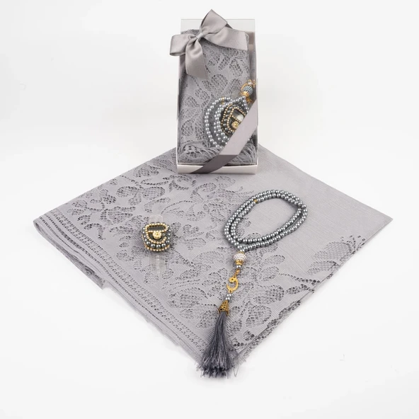 Tesbih + Dantelli Şal + Zikirmatik Hediye Seti (Kraft Asetat Kutulu, Gri) - 2