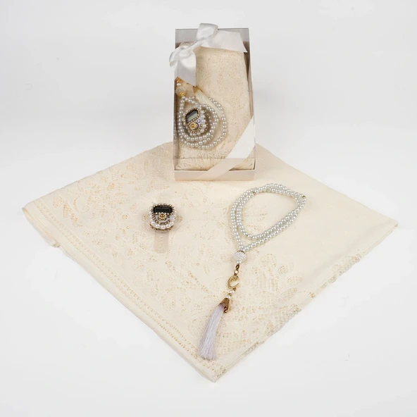 Tesbih + Dantelli Şal + Zikirmatik Hediye Seti (Kraft Asetat Kutulu, Krem) - 2