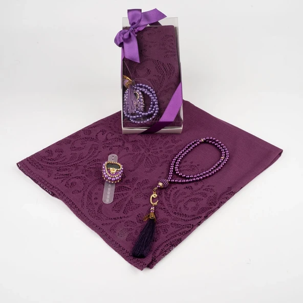 Tesbih + Dantelli Şal + Zikirmatik Hediye Seti (Kraft Asetat Kutulu, Mor) - 2
